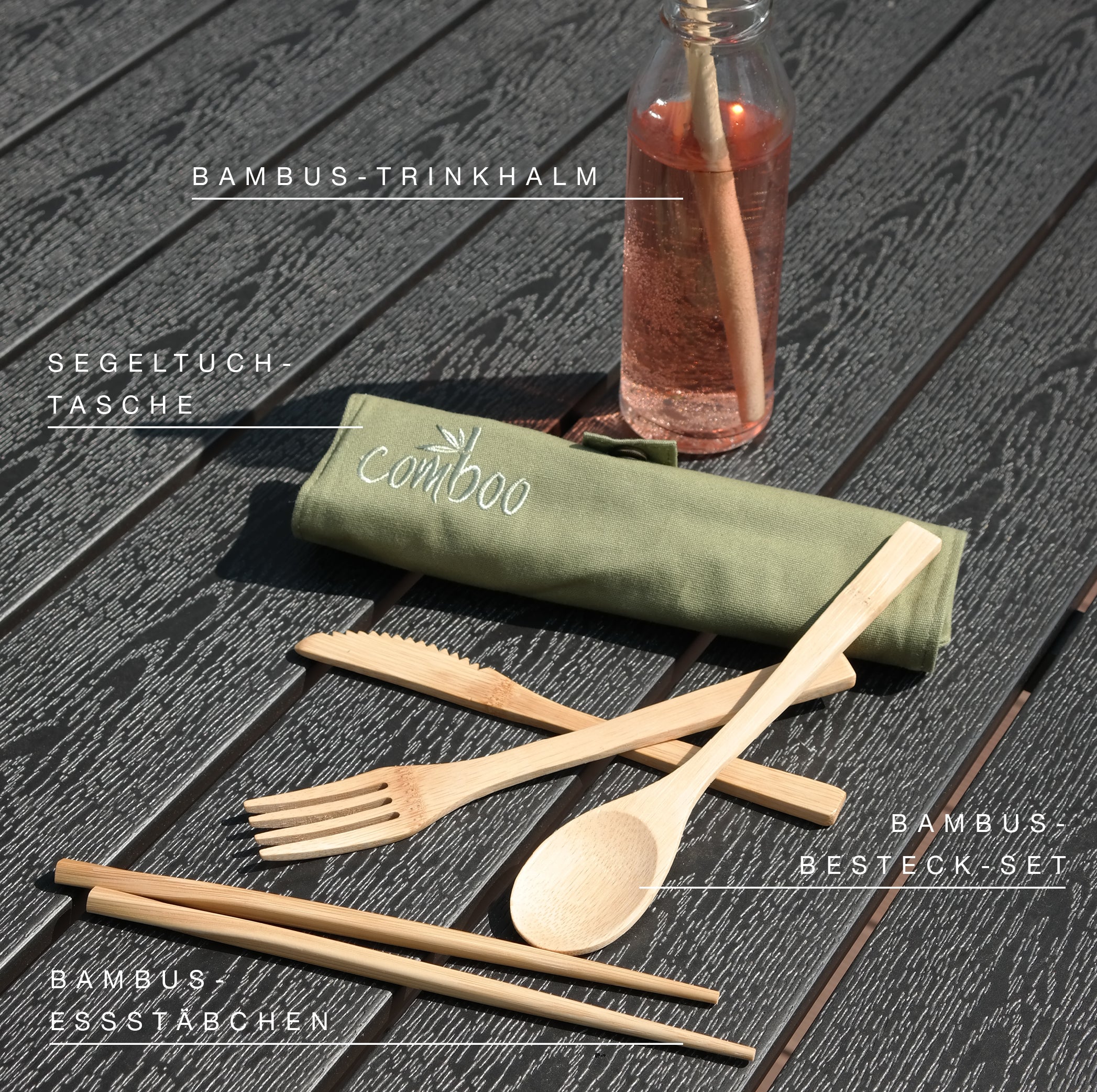 Bambusbesteck-Set in Segeltuchtasche